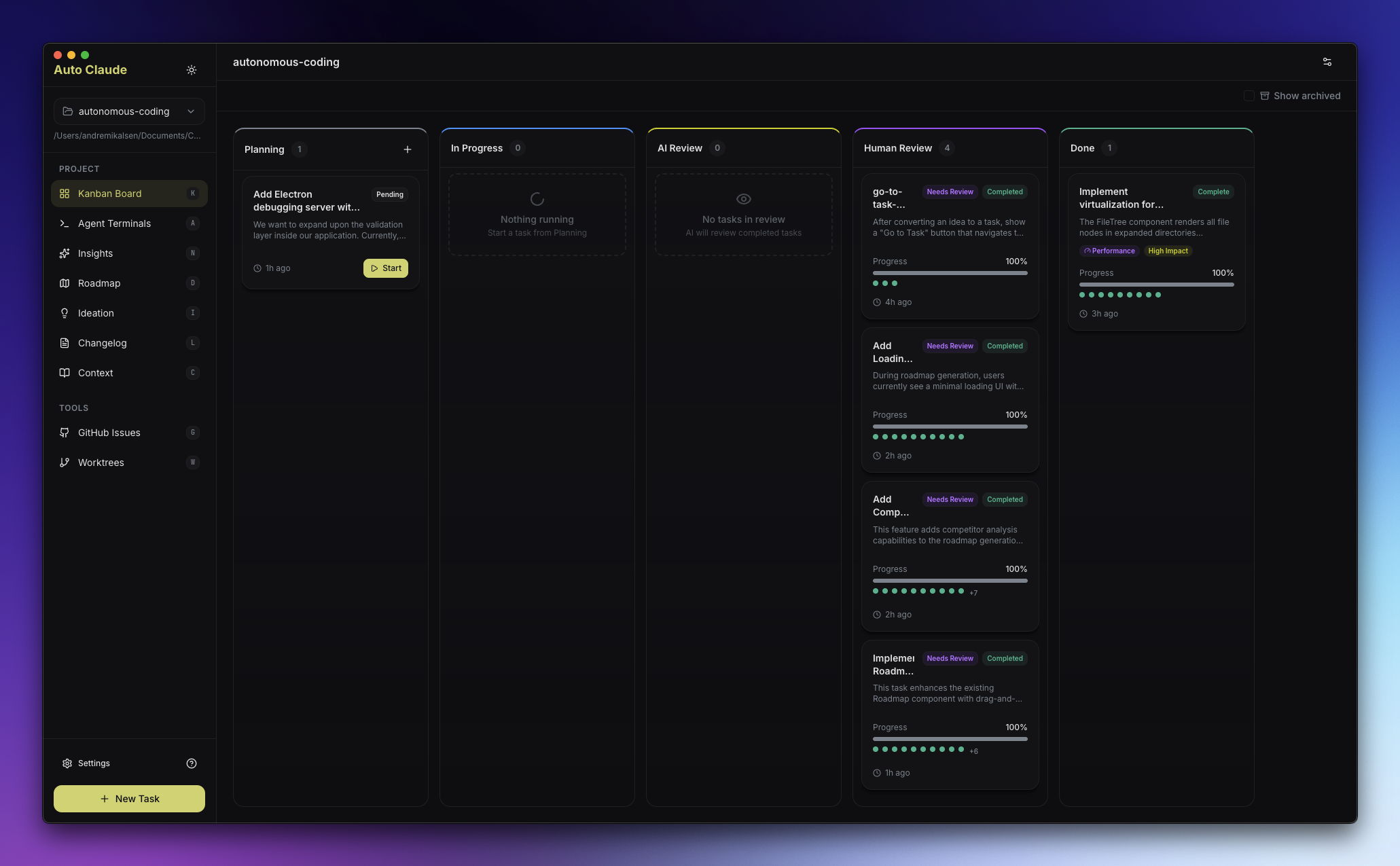 Aperant kanban board UI showing multiple autonomous Claude Code sessions running in parallel against a single repository