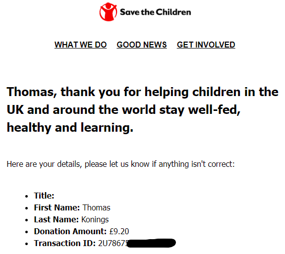 Donation confirmation email showing my name, the amount, and transaction ID.